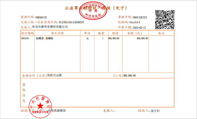 青島中新華美塑料有限公司捐贈30萬元，攜手中央芭蕾舞團(tuán)共筑藝術(shù)未來